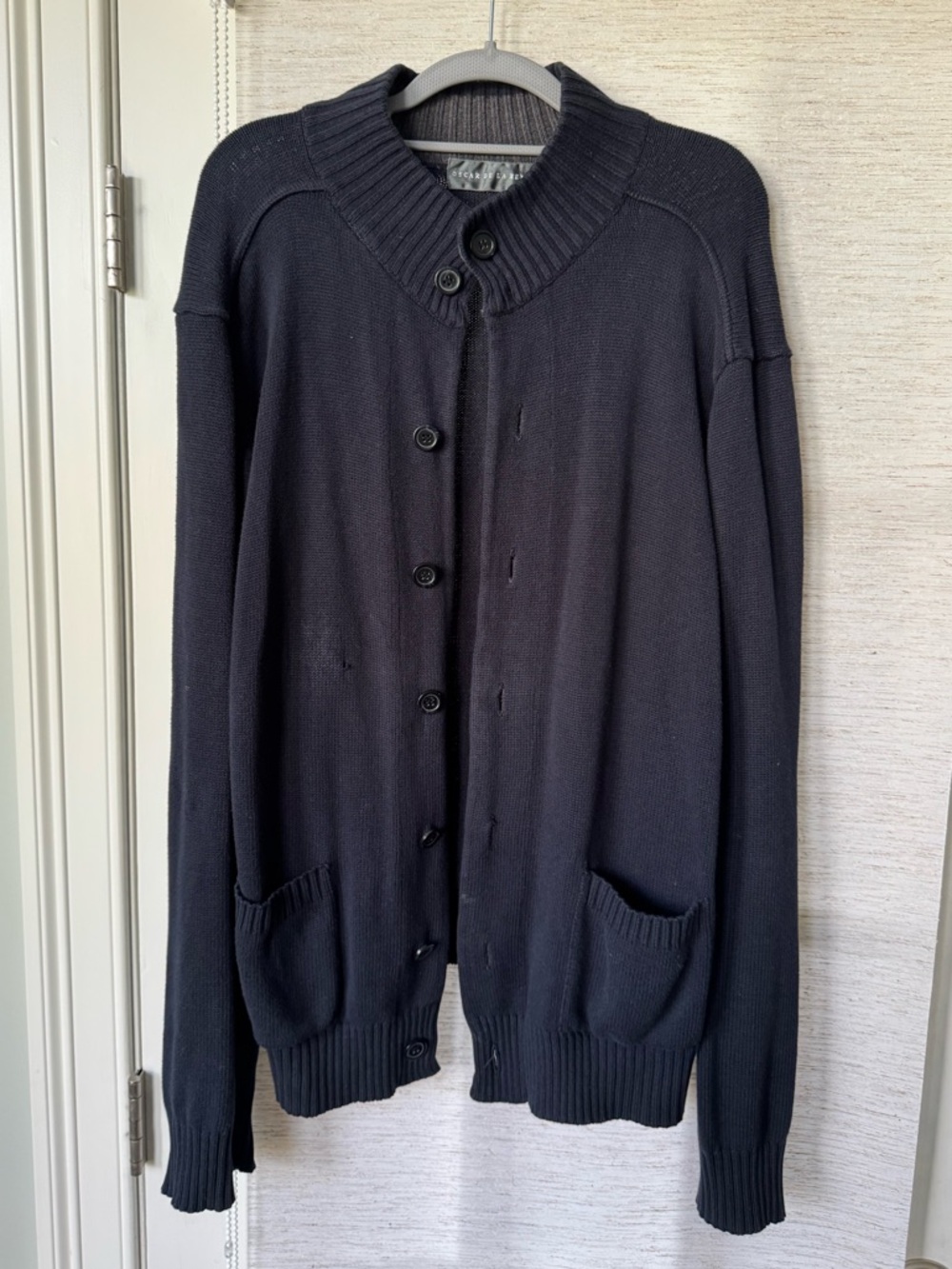 Oscar de la Renta Men's Navy Mock Neck Button-Up Cardigan Sweater
